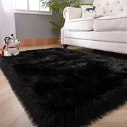 Softlife Fluffy Faux Fur Sheepskin Rugs Luxurious Wool Area Rug for Kids Room Bedroom Bedside Living Room Office Home Decor Carpet (3ft x 5ft, Black)