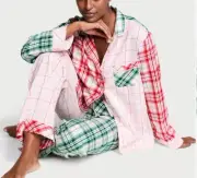 VICTORIA'S SECRET Flannel Pajama Cozy PJ Set Pink Green Red Plaid Size XS NWT
