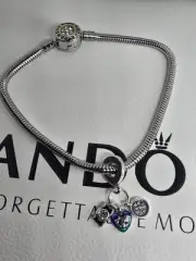Authentic Pandora Bracelet W/Camera, Heart & Compass Triple Dangle Charm,7.5