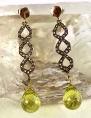Estate Lemon Quartz Briolette Diamond 18K Gold Silver Party Victorian Earring