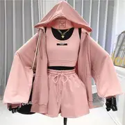 Set: Scoop Neck Lettering Crop Tank Top + Drawstring Waist Plain Sweat Shorts + Zip Hoodie Set of 3 - Tank Top & Sweat Shorts & Hoodie - Pink - M