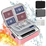 Wohlsen Fireproof Document Bag Multi-functional File Storage Box with Code Lock Large Capacity Multi-Layer File Storage for Certificates Laptop Cards Passport Contract Bill Notebook Archives (pink)