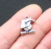 BULK 25 Graduation Charms Antique Silver Tone Grad Cap and Diploma - SC3093