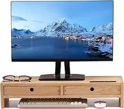 Kirigen Wood Monitor Stand with 2 Drawers - Computer Arm Riser Desk Storage Organizer,Speaker TV Laptop Printer Stand with Pen Slot and Cable Management,2-Tier Desktop Shelf