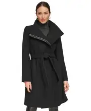 Nwt DKNY Asymmetrical Belted Funnel-Neck Wool Blend Black Coat Women Size Small