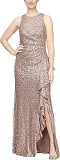 [Alex Evenings] Women's Long Sleeveless Mother of The Bride Dress W/Cascade Ruffle & Front Slit, (Petite and Regular Sizes), Mocha Sequin, 16