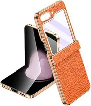 Leather Phone Case for Samsung Galaxy Z Flip5 Flip 4 ZFlip3 Hinge Protection Cover with Tempered Glass,Orange,for Galaxy Z Flip5