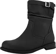 [Shoe'N Tale] Women's Mid Calf Boots Slouchy Round Toe Flat Low Heel Riding Boots With Side Zipper