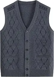 [SWJGLITTR] Men's Plaid Cardigan Vest Argyle Sweater Sleeveless Cardigans V Neck Casual Knit Loose Men Vests, Light Gray, Medium