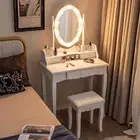 Vanity Table & Stool Set w/Mirror & Lights, Makeup Vanity Desk with 3-Color Dimm