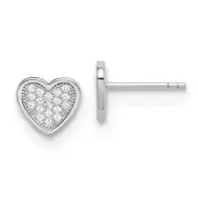 Sterling Silver Rhodium-Plated Cz Pav Heart Post Earrings