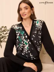 Love & Roses Black Print Fine Gauge Woven Mix Wrap Jumper (B63141) | $56