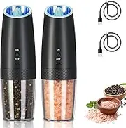 RAVEGO Gravity Electric Salt and Pepper Grinder Set, No Battery Needed Rechargeable Automatic Pepper and Salt Shakers, Adjustable Coarseness with LED Light, Washable 135ml Container Grinder (Black)