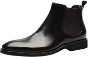 [Generic] Casual Business Chelsea Boot for Men Work Boot Pull On StyleGenuine Leather Solid Color Pointed Toe Elastic Strap Block Heel Waterproof Men's Leather Shoes