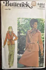 Jacket Skirt Pants 16 Tie Belted Butterick 4484 Sewing Pattern VTG 70s Uncut FF