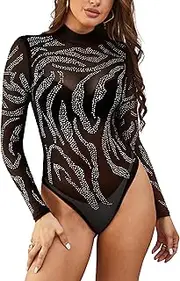 [SEBOWEL] Mesh Long Sleeve Bodysuits for Women Transparent Glitter Body Turtleneck Sexy Elegant Bodysuit Top