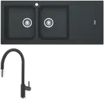 Franke Bali Double Bowl Sink with Right Hand Drainer and Verona Pull-Out Tap - Onyx