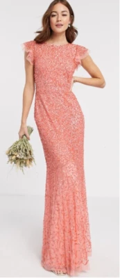 Maya Deluxe Maya Bridesmaid Allover Delicate Sequin Cap Sleeve Dress Coral UK 12