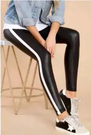 SPANX Women Leggings Faux Leather Black White Side Stripe Skinny Pants Sz S