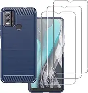 [carinacoco] Case for Nokia C22 with 3 Tempered Glass Screen Protector, Soft TPU Carbon Fiber Texture Shockproof Bumper Anti-Drop Rugged Cover, Ultra Slim Anti-Scratch Phone Case, Blue