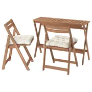 NÄMMARÖ table and 2 folding chairs, outdoor, foldable light brown stained/Kuddarna light grey-beige, 108x37 cm
