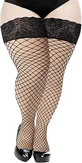 [Moon Wood] Plus Size Fishnet Stockings Womens Sheer Silicone Lace Top Stay Up Lingerie Fishnets Thigh Highs Stockings