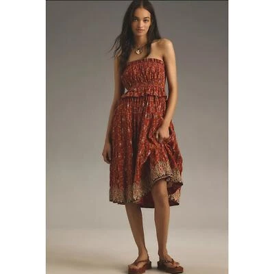 NWT Anthropologie Plenty by Tracy Reese Strapless Smocked Midi Dress $228 LARGE
