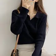 Collared Plain Knit Top Light Almond - One Size
