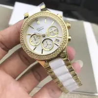 在飛比找Yahoo!奇摩拍賣優惠-手錶帶 DKNY手錶金色不銹鋼陶瓷三眼計時鑲鉆商務休閑石英錶