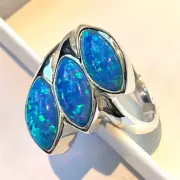 Sterling Silver modernist Blue Fire Opal marquise 3 stone Ring size N ½ 7 boxed