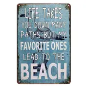 2x Favorite Ones Lead To Beach Life Takes Down Rustic Metal Sign Vintage Tin