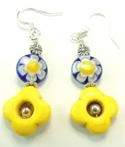 Flower Millefiori Dangle Earrings Yellow Howlite & Flowers Handmade Jewelry