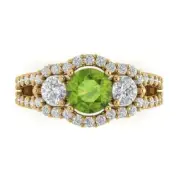 2 RD 3 stone Halo Natural Peridot Promise Bridal Wedding Ring 14k Yellow Gold