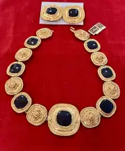 NOS RARE HUGO NWT GOLD BLK ETRUSCAN 17” NECKLACE HOOK CLASP MATCH CLIP EARRINGS