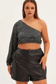 Silver Crop Top One Sleeve Sequin Jersey