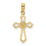 14K Yellow Gold Cut-Out And Flat Cross W/ Flower Charm