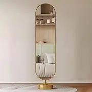 TT-YED Full-Length Mirror with Coat Rack, 360° Rotating Large Dressing Mirror with Back Shelf, Modern Standing Floor Mirror, Bedroom Dressing Mirror, Wrought Iron Frame, Solid Base,Bl40×h175cm