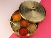 Pure Brass Masala Box Set with Brass Spoon Container 100 Ml-Food Spice Storage R