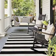 LEEVAN Black and White Outdoor Rug 4x6, Cotton Washable Outdoor Patio Rug, Black Striped Reversible Rug for Balcony Decor, Woven Entryway Rug for Layered Door Mats Porch/Front Door