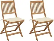 Folding Patio Chairs Set, 2 Pcs Solid Acacia Wood, Cream Cushions Included, Ideal for Outdoor Dining & Garden Relaxation