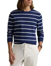 [Polo Ralph Lauren] Striped Mesh-Knit Cotton Sweater in Blue