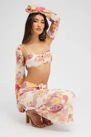 Pink Floral Top Long Sleeve Sweetheart Crop Bralette Mesh - Size 16, Women's Top