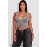 Shape Vintage Wash Denim Lace Up Corset Top, Vintage Wash
