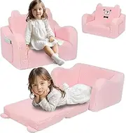 LIODUX Kids Sofa Chair, 2-in-1 Child Plush Couch, Fold Out Convertible to Lounger, Extra Wide and Comfy for Boys and Girls (Pink)