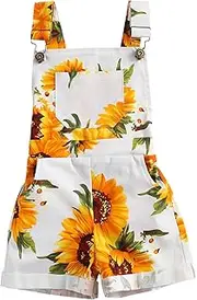 [Edhomenn] 2-9T Kids Girl Sunflower Print Suspender Shorts with Pockets Summer Dungarees Shorts Outfits