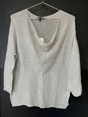 NWT Eileen Fisher Silver Drape Neck 3/4 Sleeve Mini Sequin Chain Mail Jersey Sm.