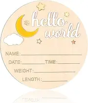 Lusofie Baby Announcement Sign, Wooden Moon and Stars Welcome Baby Sign, "Hello World" baby Name Signs Plaque with 3D Pattern and Text for Hospital Home Decoration