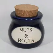 RARE! "NUTS & BOLTS" BLUE STONEWARE WIDE MOUTH MONEY JAR WITH CORK 4" TALL NEW