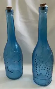 NEW Turquoise Blue Bottle Set Leaves Grapes Wine Decor Set Of 2