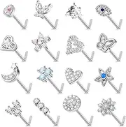 [Kakonia] 16 Pcs 20G Nose Studs Surgical Steel L Shaped Nose Rings Studs for Women Opal CZ Heart Butterfly Nose Piercing Jewelry Silver Rose Gold